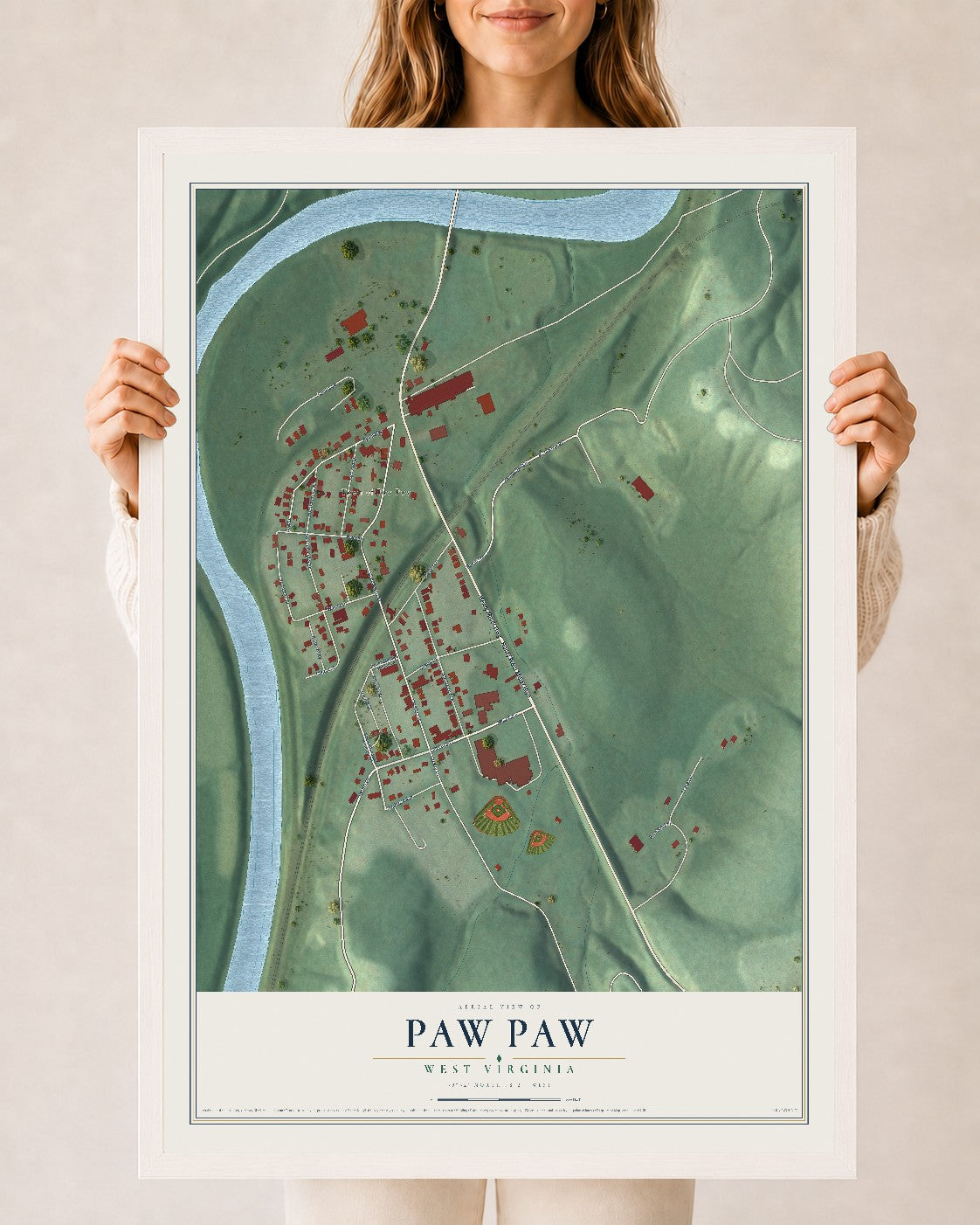 Map of Paw Paw, West Virginia, 24 x 36 inch print in a white wood frame