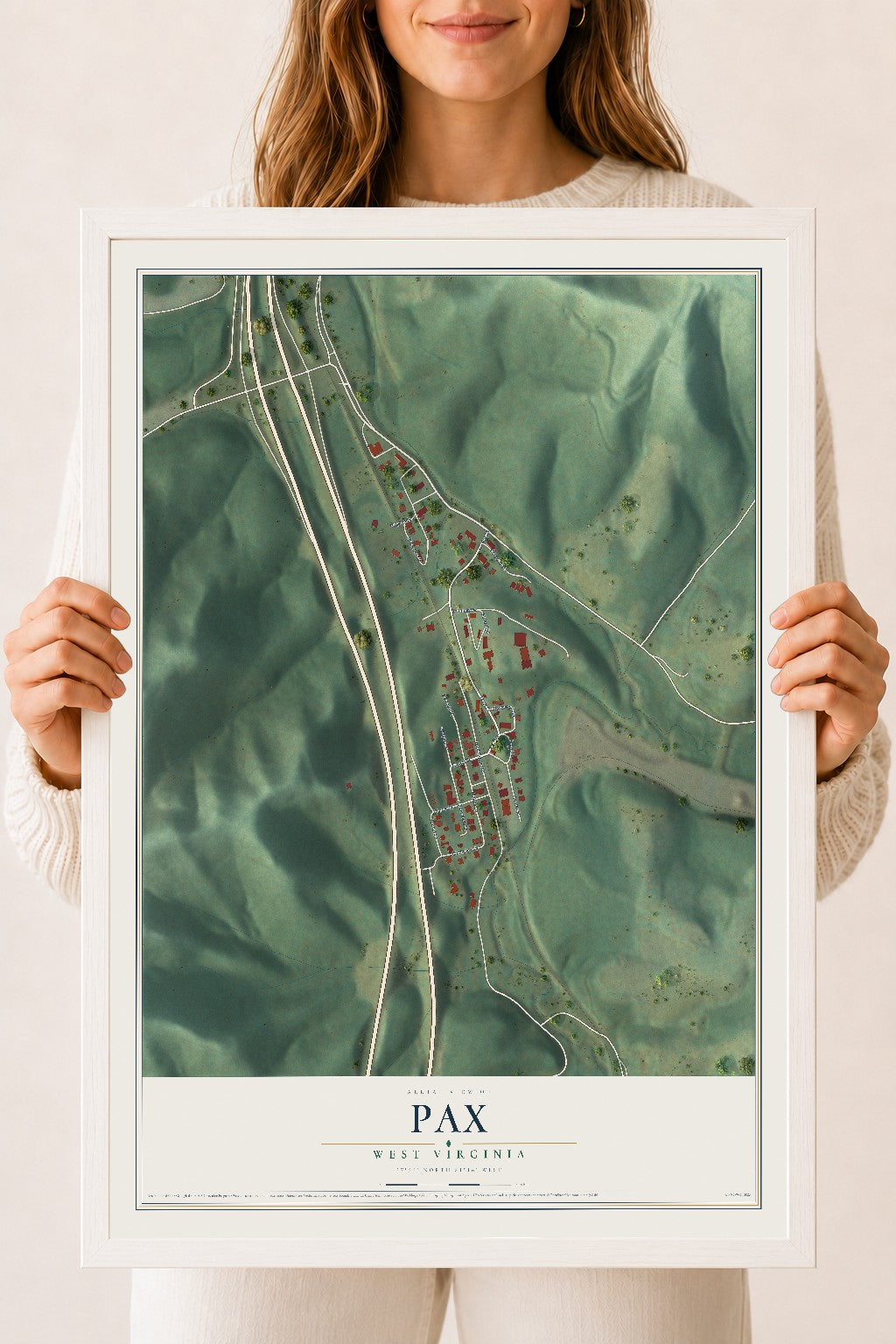 Map of Pax, West Virginia, 18 x 24 inch print in a white wood frame