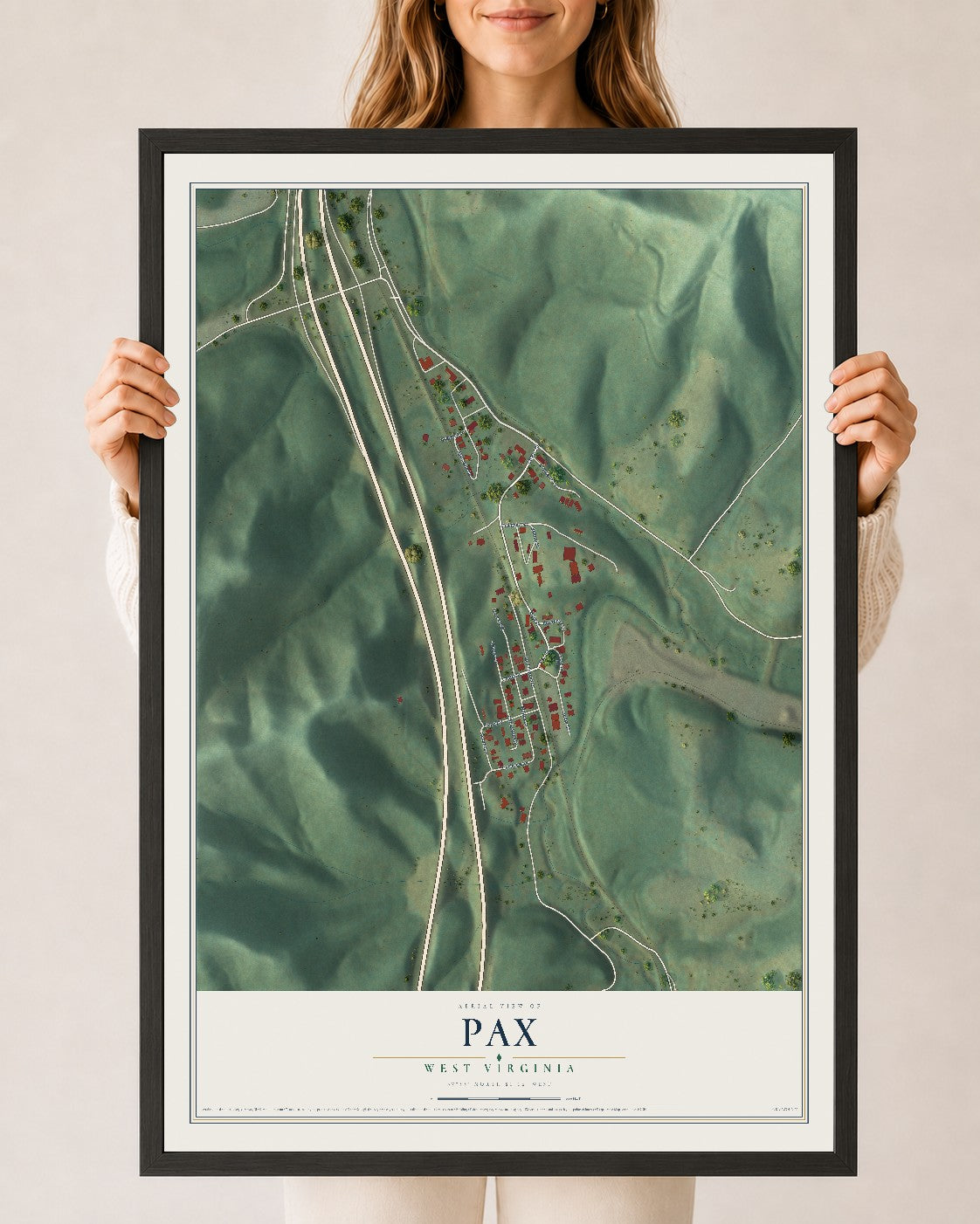 Map of Pax, West Virginia, 24 x 36 inch print in a black wood frame