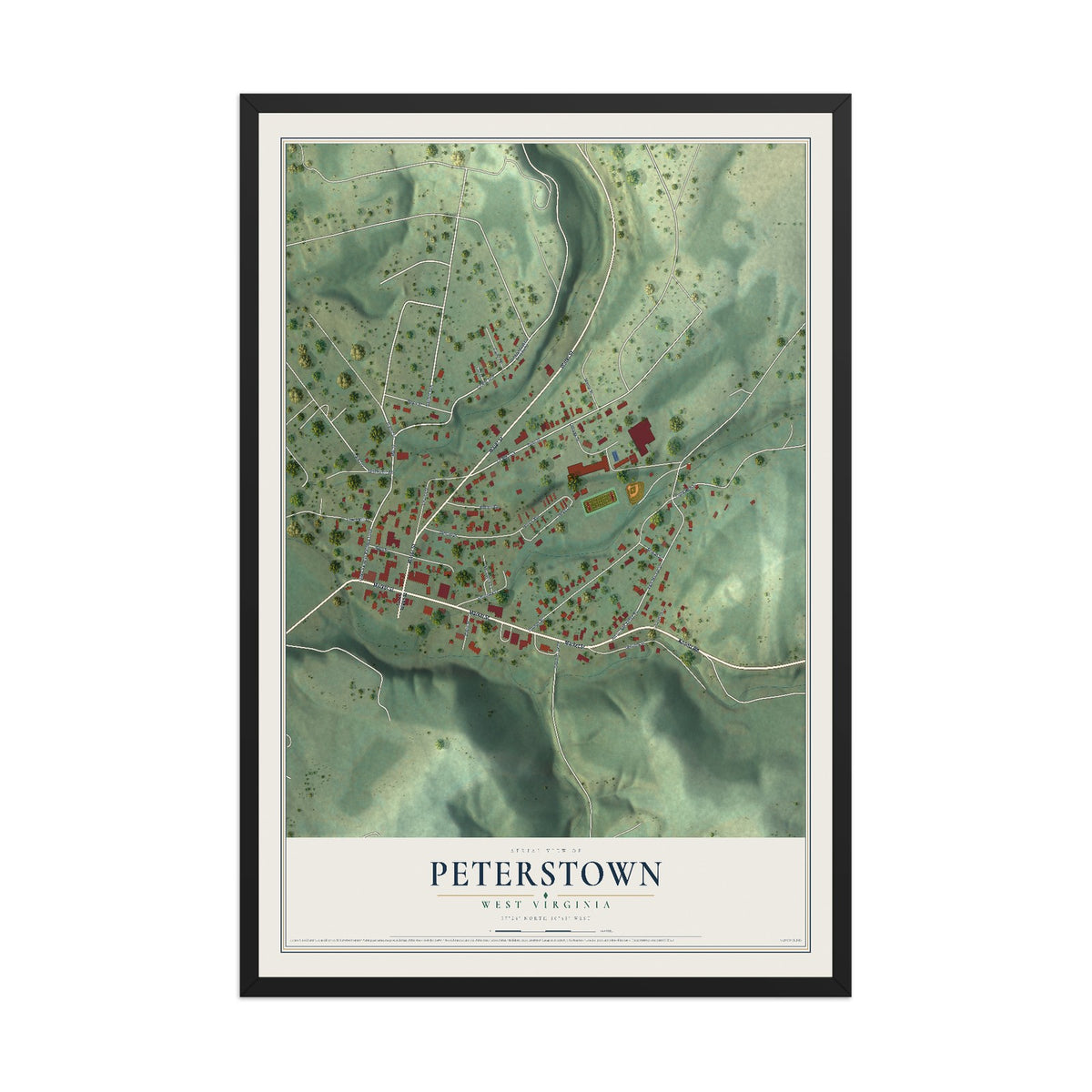 Map of Peterstown, West Virginia, 12 x 18 inch print in a black wood frame