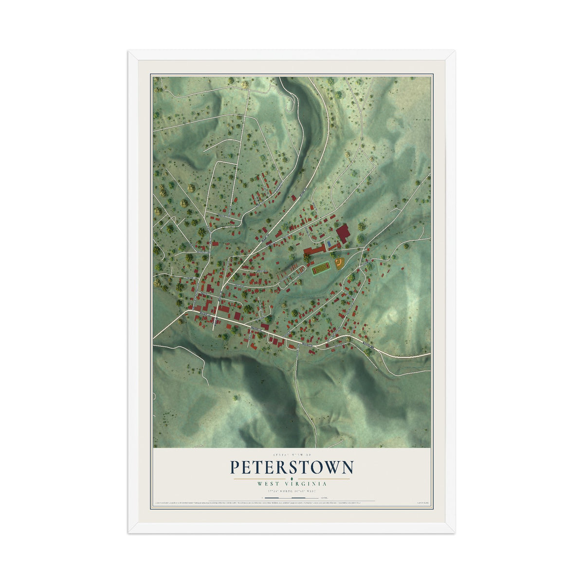 Map of Peterstown, West Virginia, 12 x 18 inch print in a white wood frame