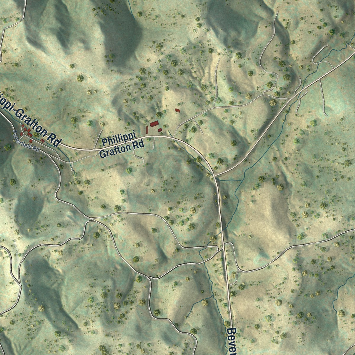 Second close-up of the map of Philippi, West Virginia print showing more streets and buildings