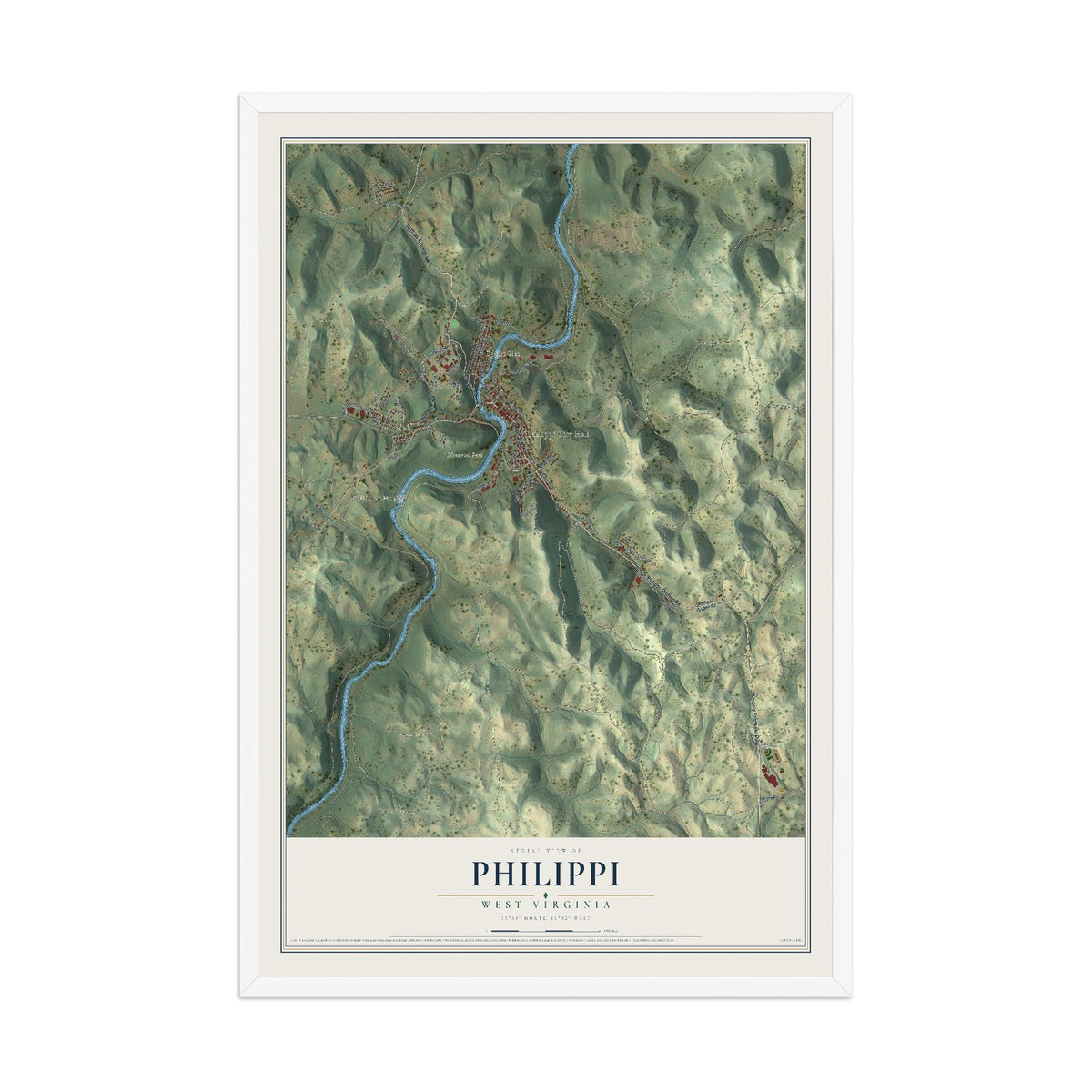 Map of Philippi, West Virginia, 12 x 18 inch print in a white wood frame
