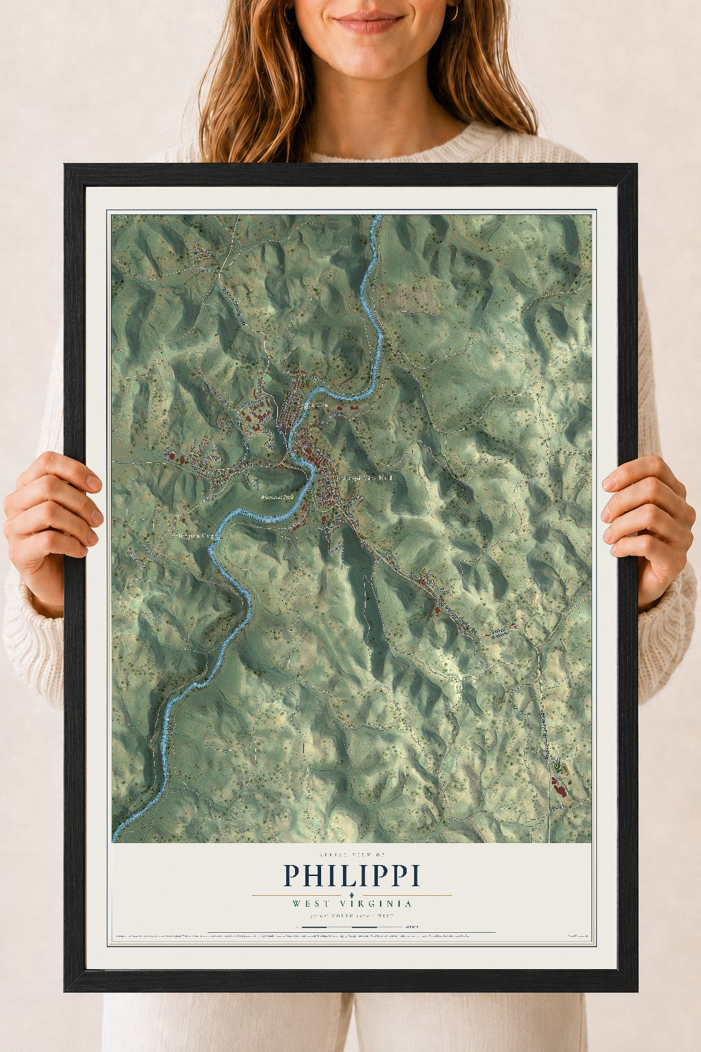 Map of Philippi, West Virginia, 18 x 24 inch print in a black wood frame