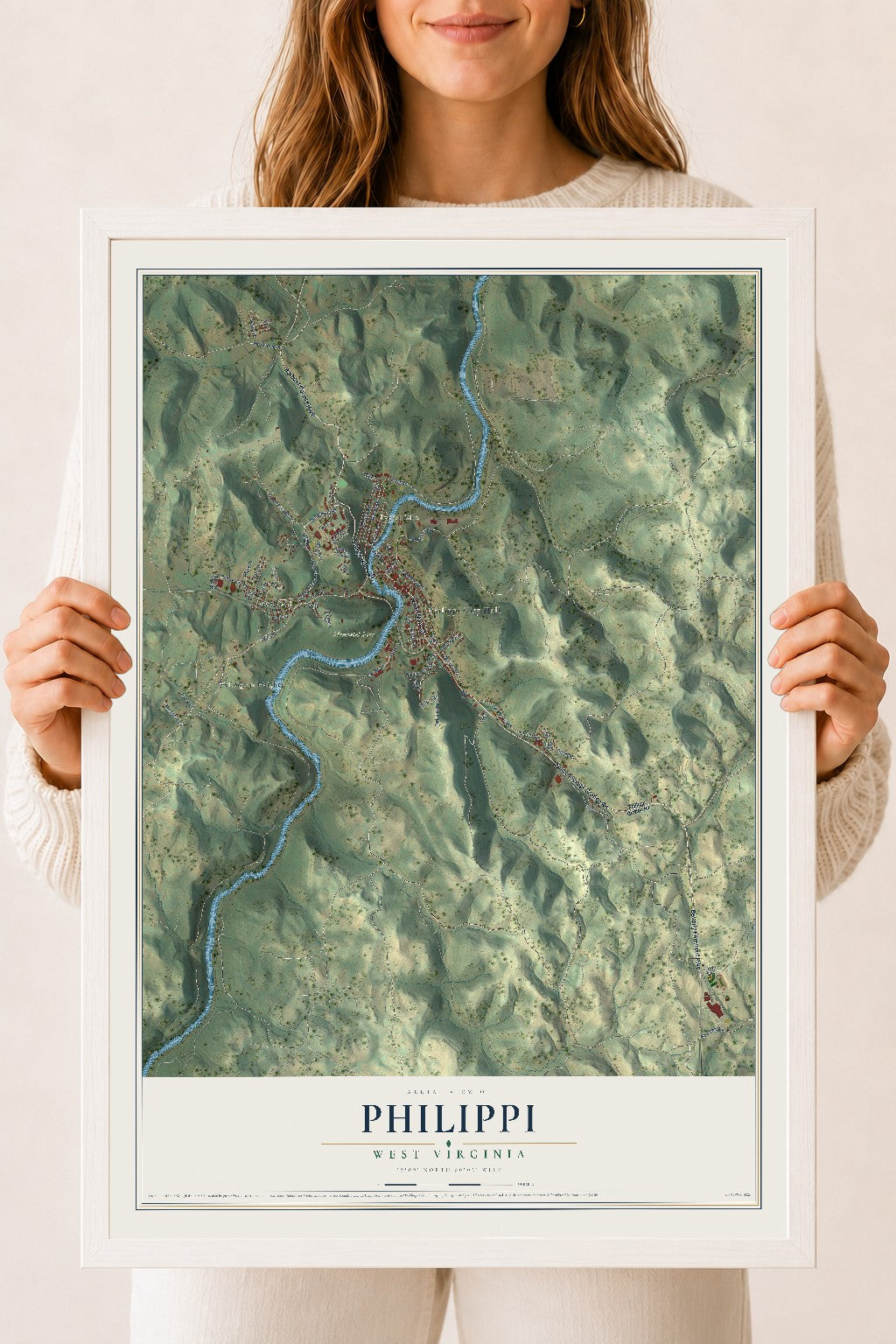 Map of Philippi, West Virginia, 18 x 24 inch print in a white wood frame