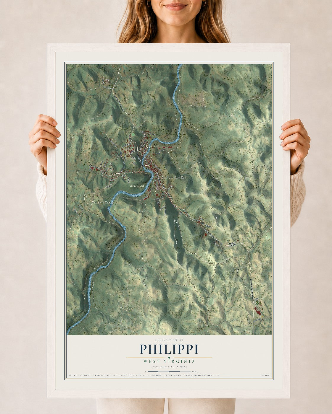 Map of Philippi, West Virginia, 24 x 36 inch print in a white wood frame