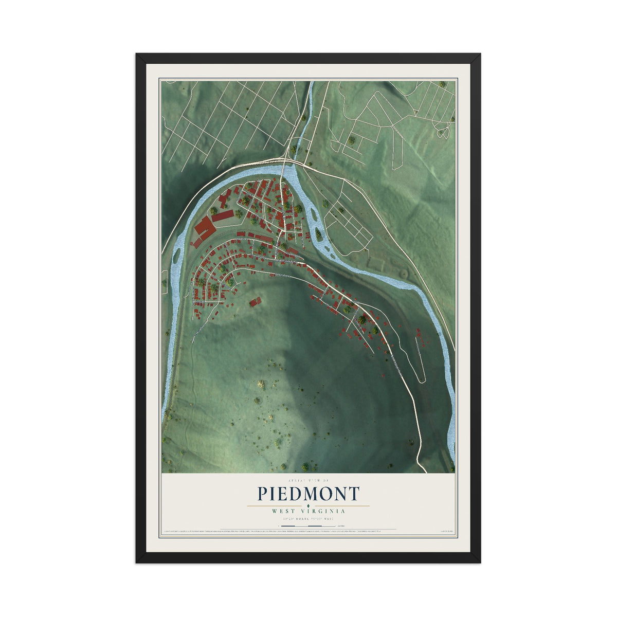 Map of Piedmont, West Virginia, 12 x 18 inch print in a black wood frame
