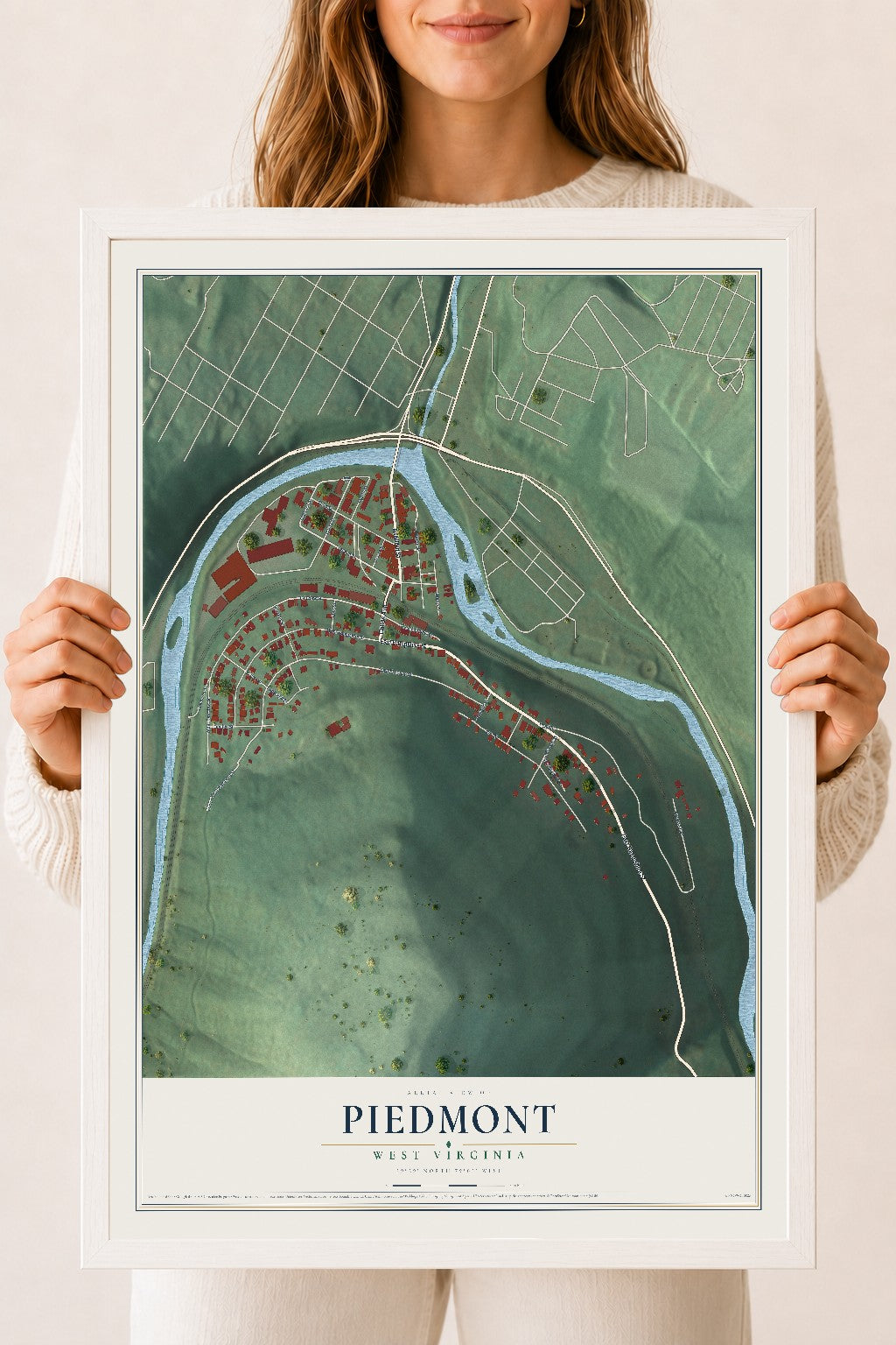 Map of Piedmont, West Virginia, 18 x 24 inch print in a white wood frame