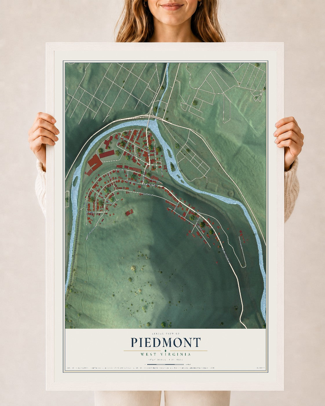 Map of Piedmont, West Virginia, 24 x 36 inch print in a white wood frame