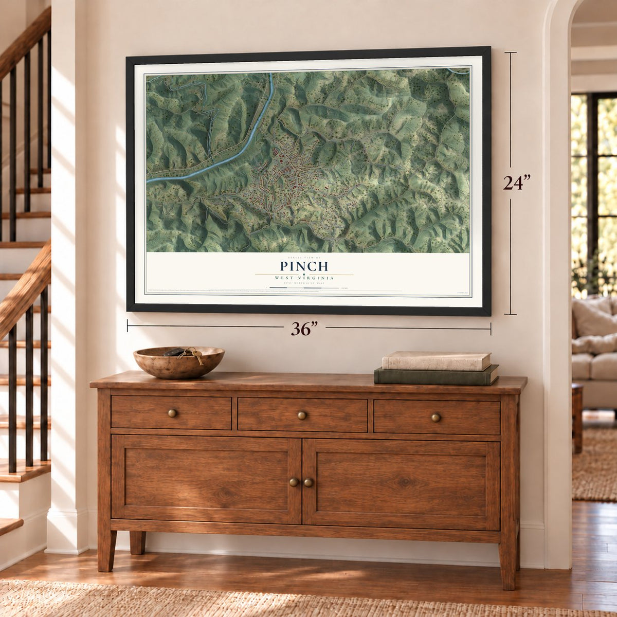 Pinch, West Virginia map, 24 x 36 inch print in a black frame above a dresser by a staircase