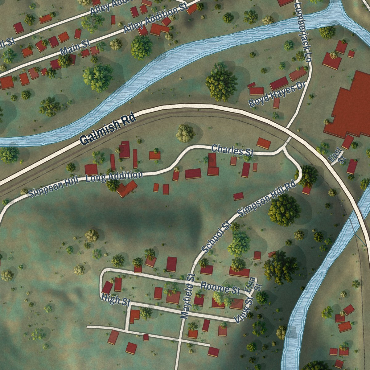 Close-up of the map of Pine Grove, West Virginia print showing street and building detail