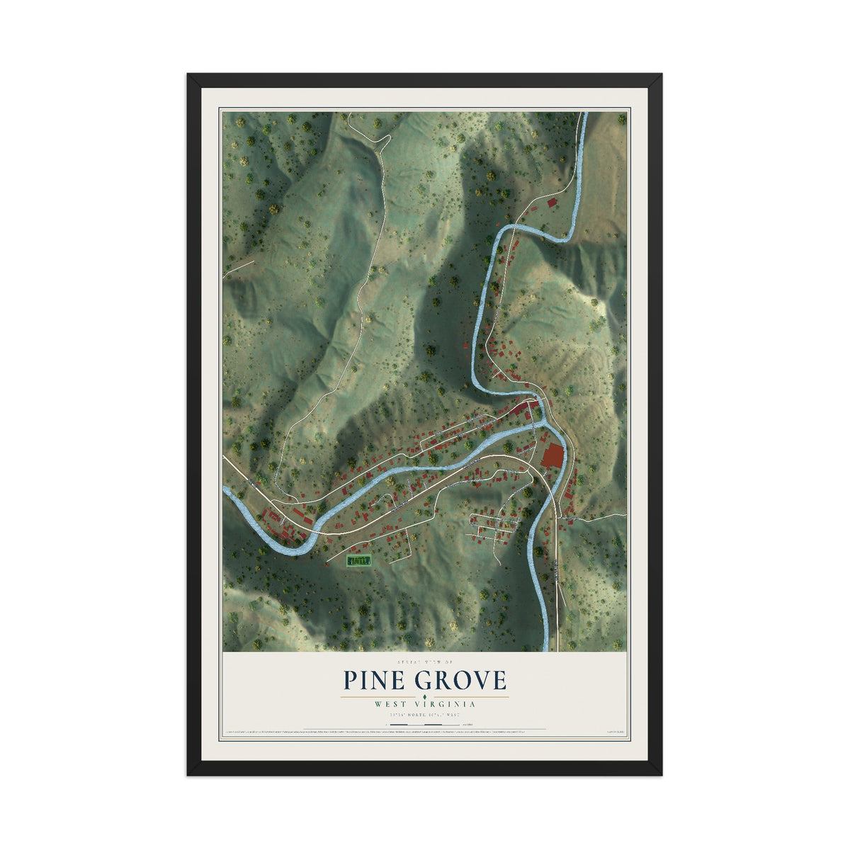 Map of Pine Grove, West Virginia, 12 x 18 inch print in a black wood frame