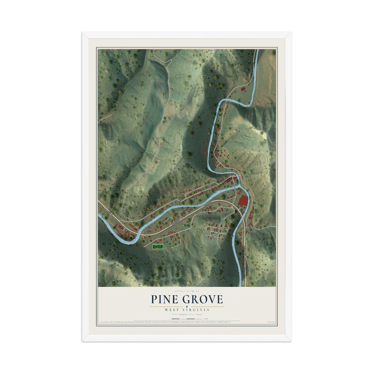 Map of Pine Grove, West Virginia, 12 x 18 inch print in a white wood frame