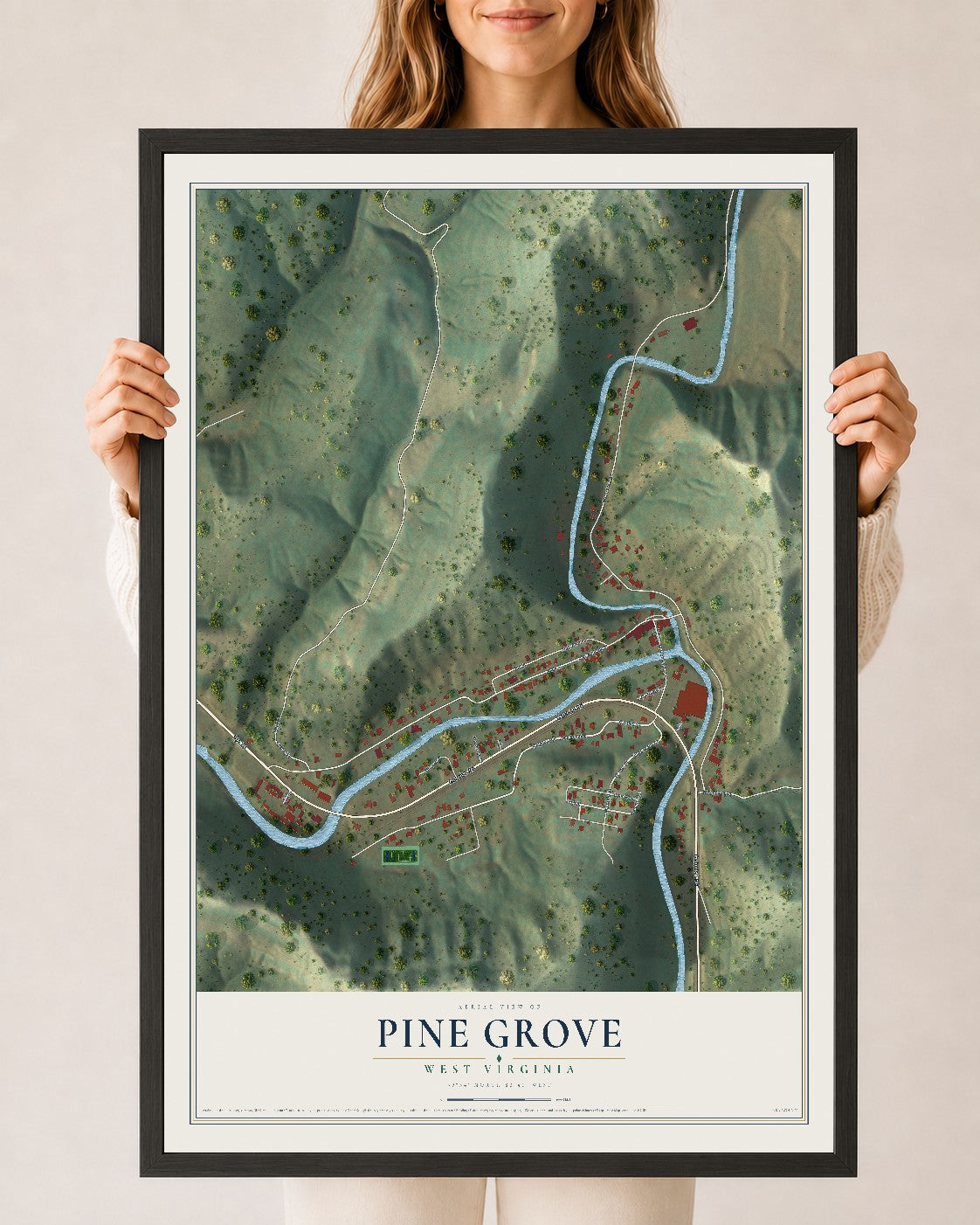 Map of Pine Grove, West Virginia, 24 x 36 inch print in a black wood frame