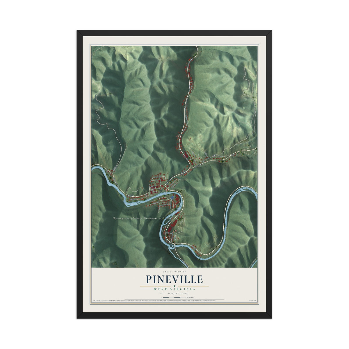 Map of Pineville, West Virginia, 12 x 18 inch print in a black wood frame