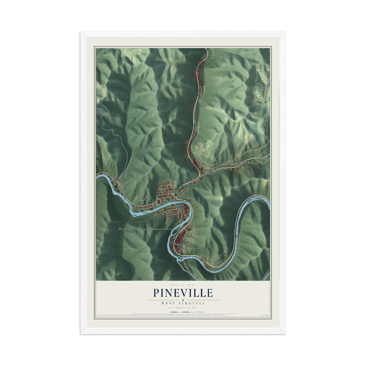 Map of Pineville, West Virginia, 12 x 18 inch print in a white wood frame
