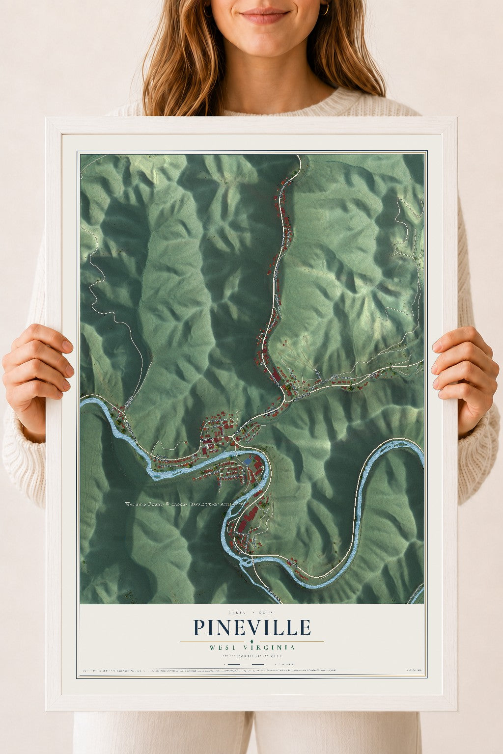Map of Pineville, West Virginia, 18 x 24 inch print in a white wood frame