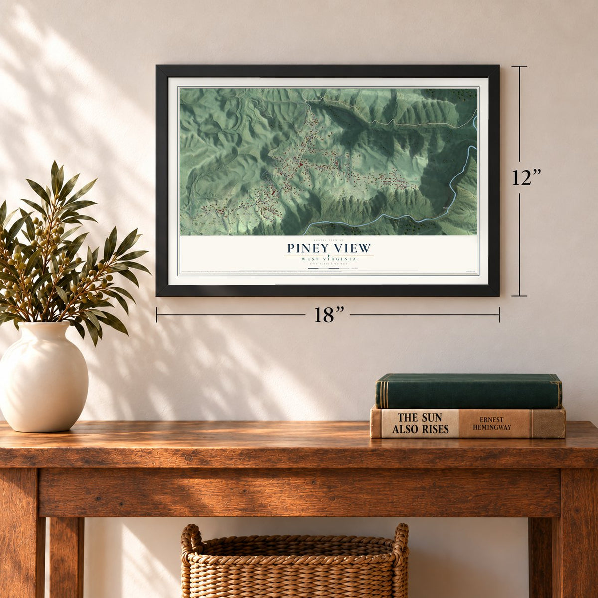 Piney View, West Virginia map, 12 x 18 inch print in a black frame in an entryway