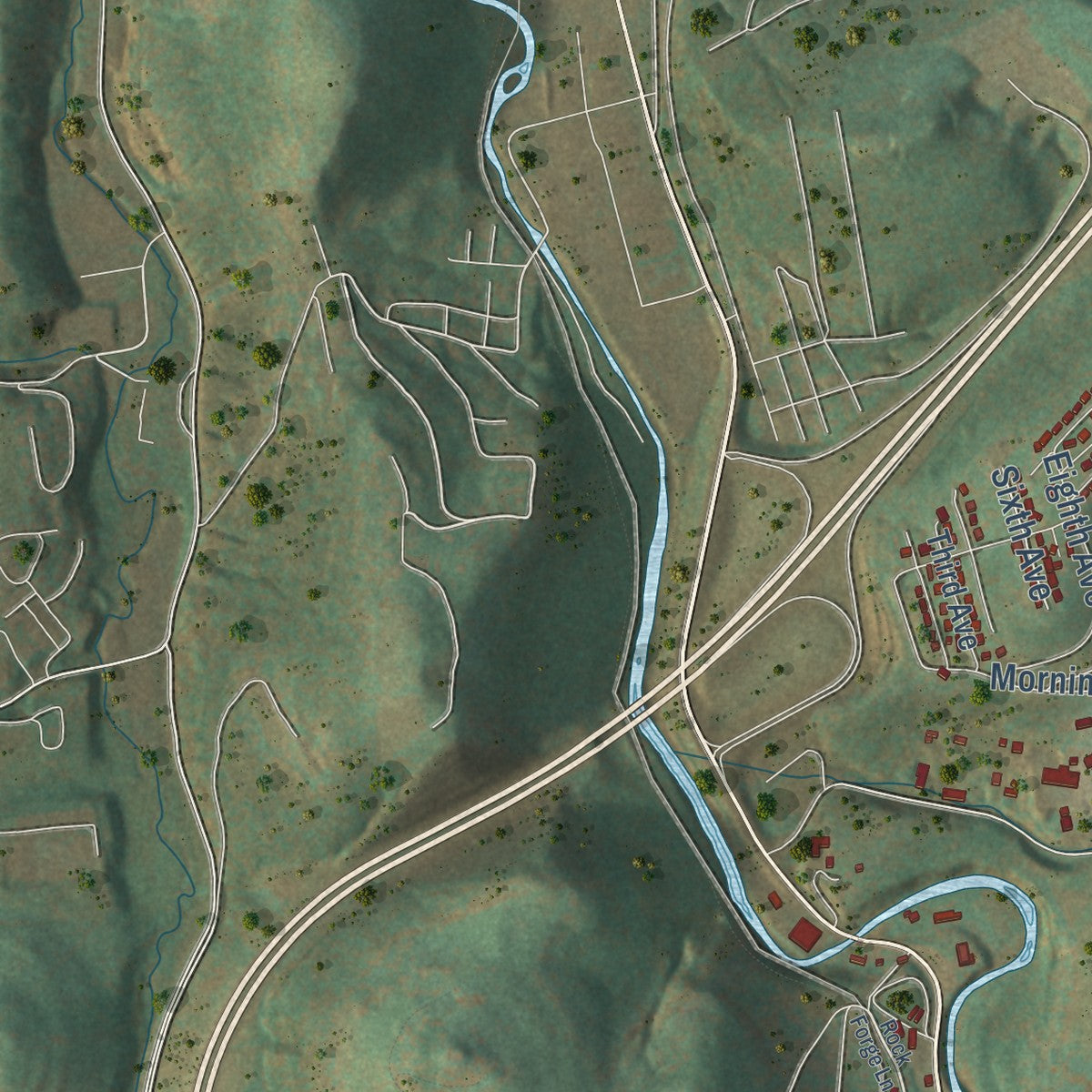 Second close-up of the map of Brookhaven, West Virginia print showing more streets and buildings