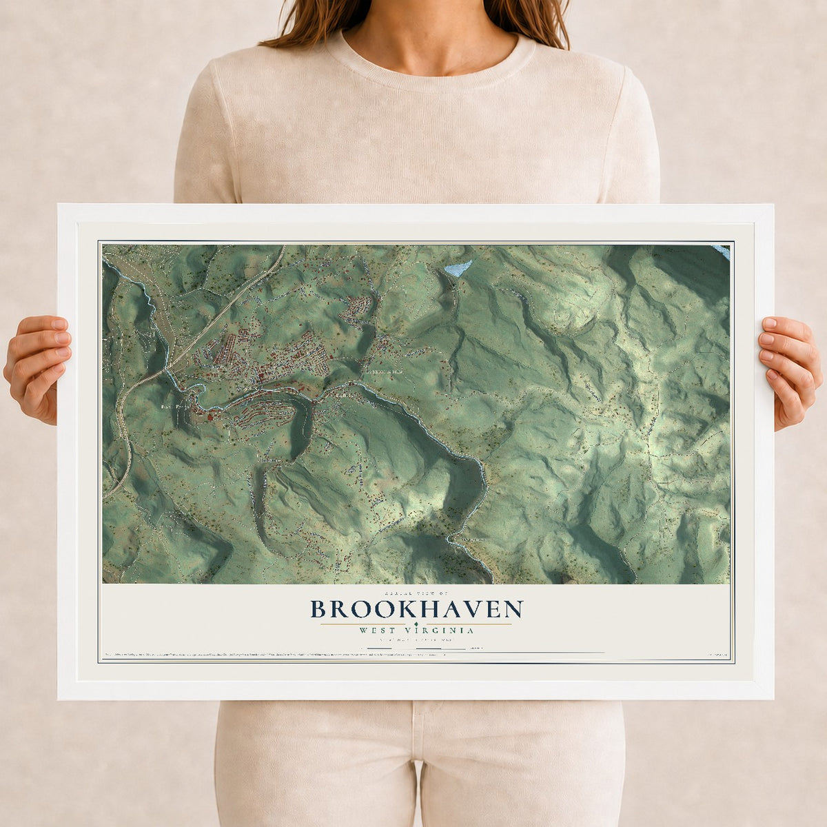 Map of Brookhaven, West Virginia, 12 x 18 inch print in a white wood frame