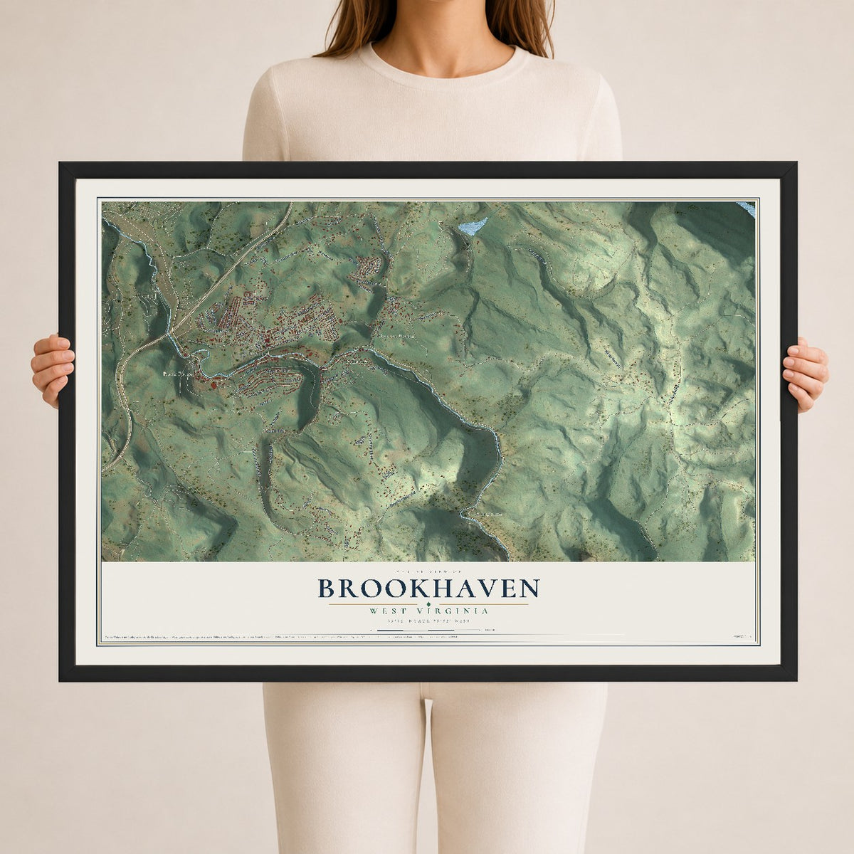 Map of Brookhaven, West Virginia, 24 x 36 inch print in a black wood frame