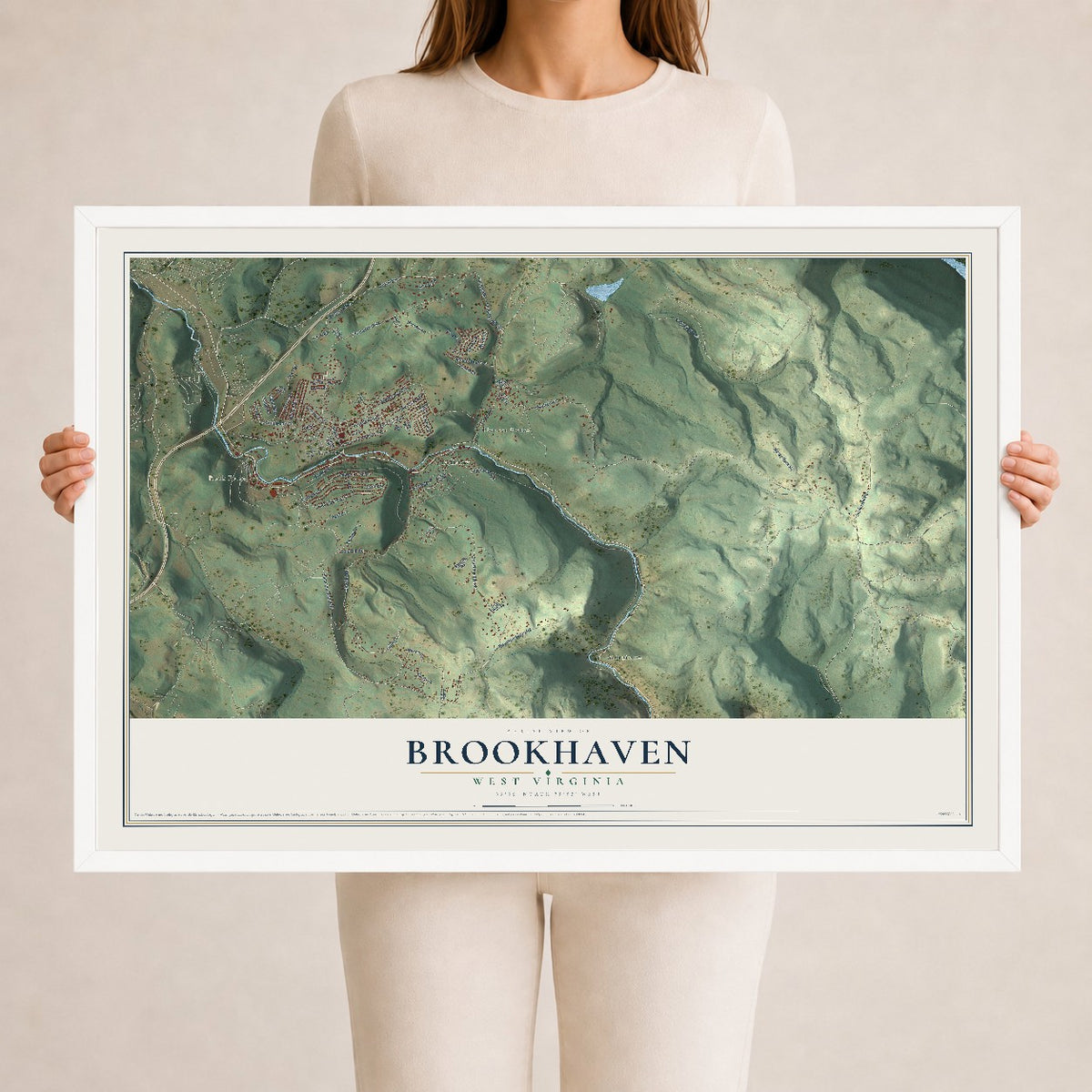 Map of Brookhaven, West Virginia, 24 x 36 inch print in a white wood frame