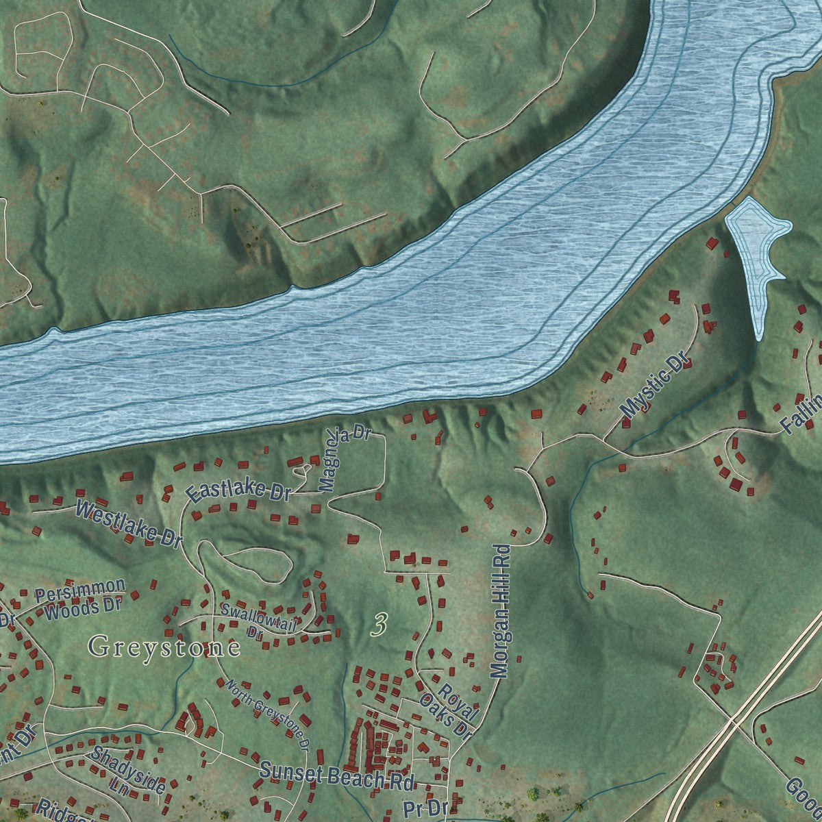 Second close-up of the map of Cheat Lake, West Virginia print showing more streets and buildings