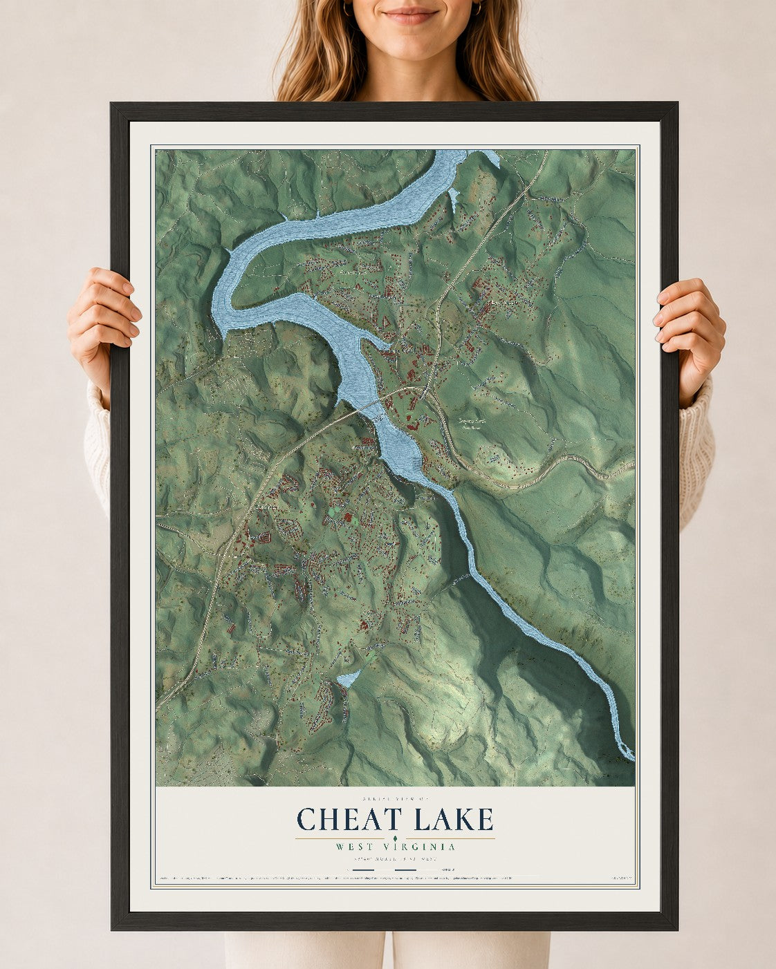 Map of Cheat Lake, West Virginia, 24 x 36 inch print in a black wood frame