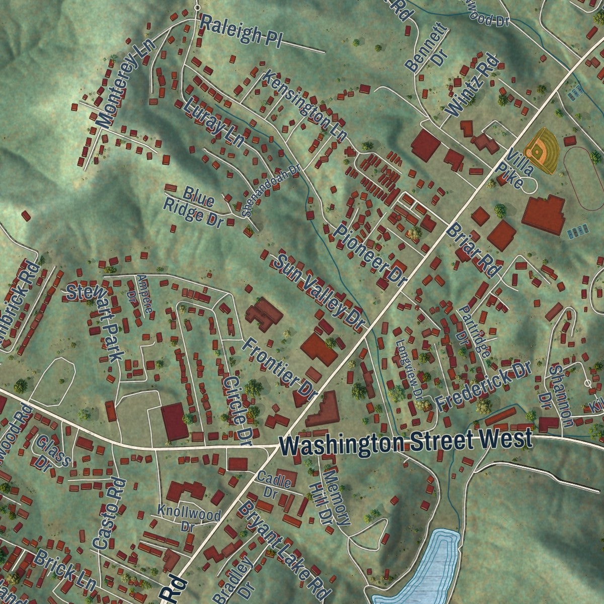 Close-up of the map of Cross Lanes, West Virginia print showing street and building detail