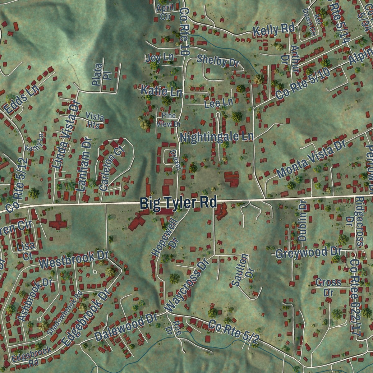 Second close-up of the map of Cross Lanes, West Virginia print showing more streets and buildings