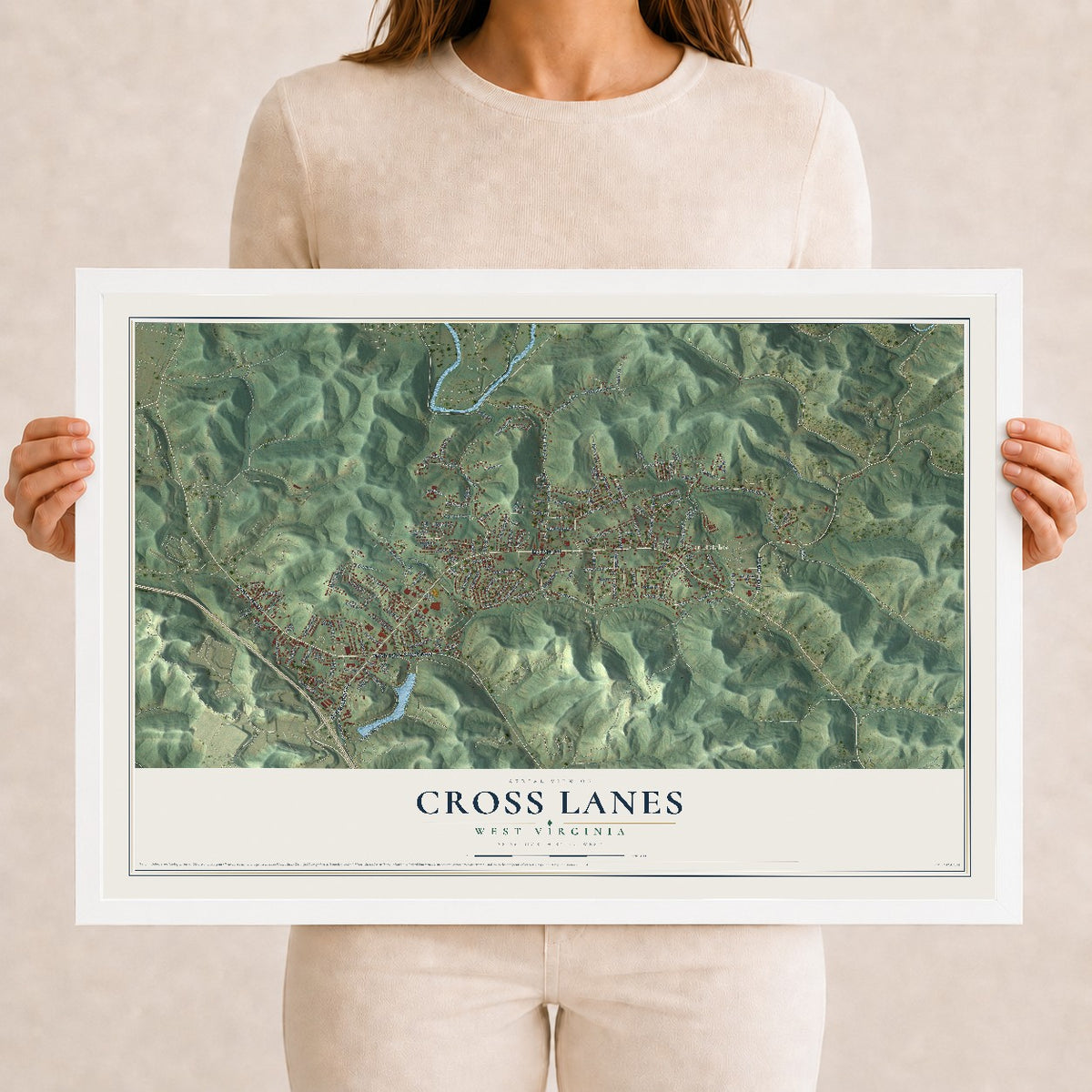 Map of Cross Lanes, West Virginia, 12 x 18 inch print in a white wood frame