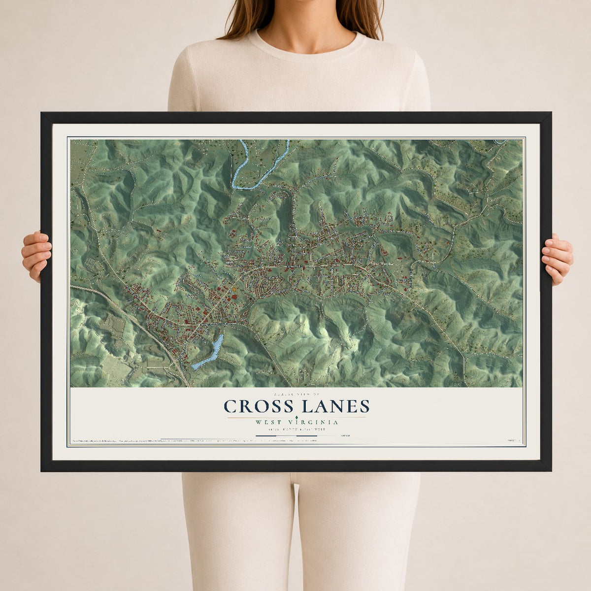 Map of Cross Lanes, West Virginia, 24 x 36 inch print in a black wood frame
