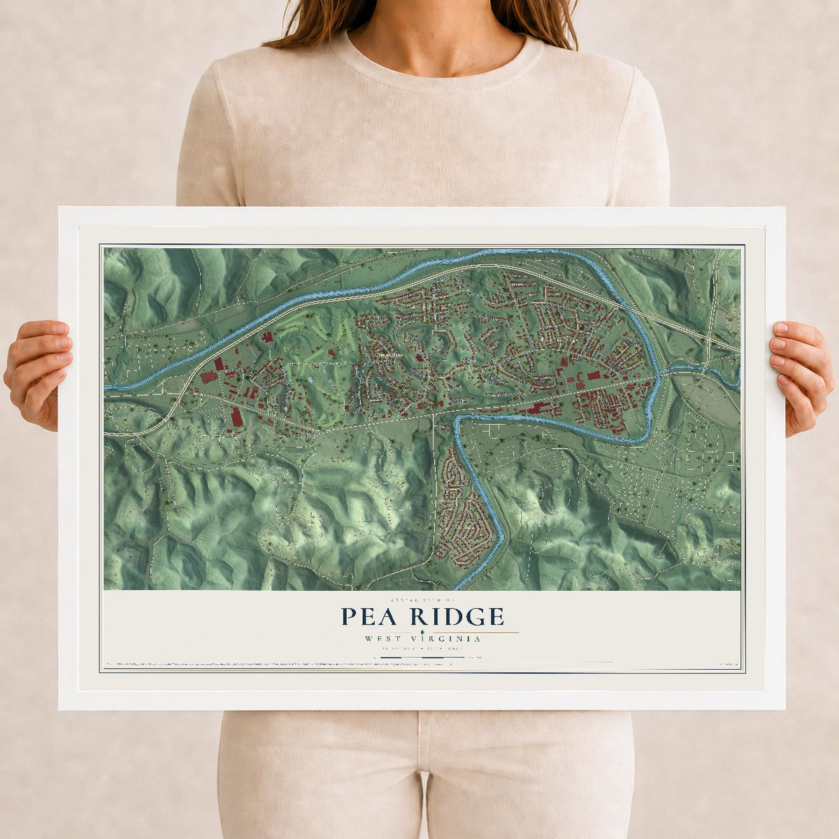 Map of Pea Ridge, West Virginia, 12 x 18 inch print in a white wood frame