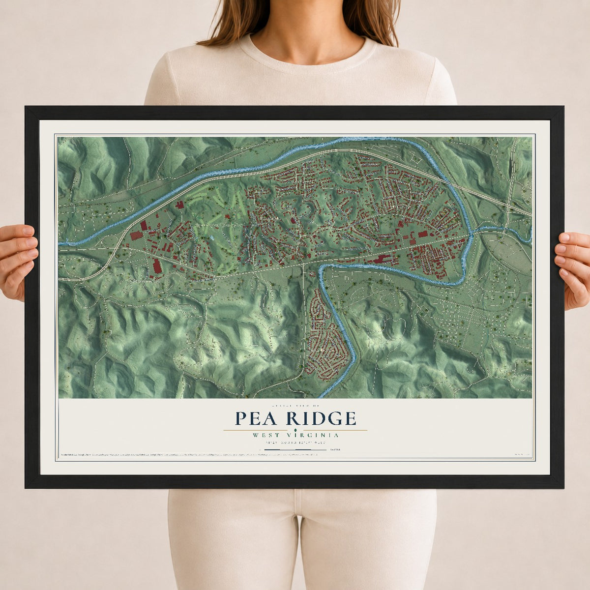 Map of Pea Ridge, West Virginia, 18 x 24 inch print in a black wood frame