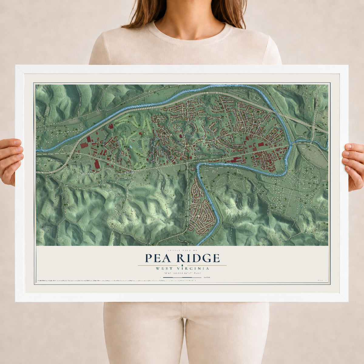 Map of Pea Ridge, West Virginia, 18 x 24 inch print in a white wood frame