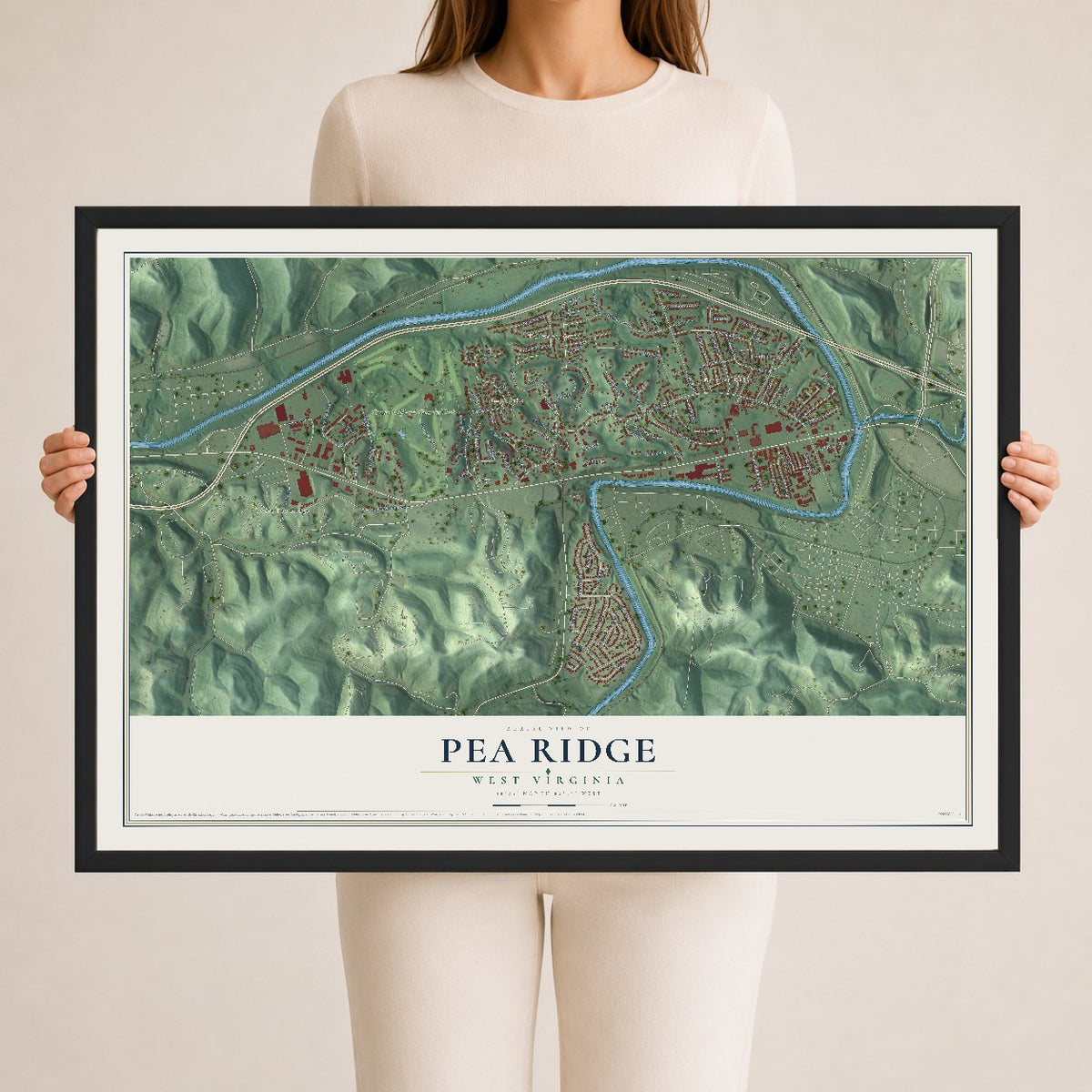 Map of Pea Ridge, West Virginia, 24 x 36 inch print in a black wood frame