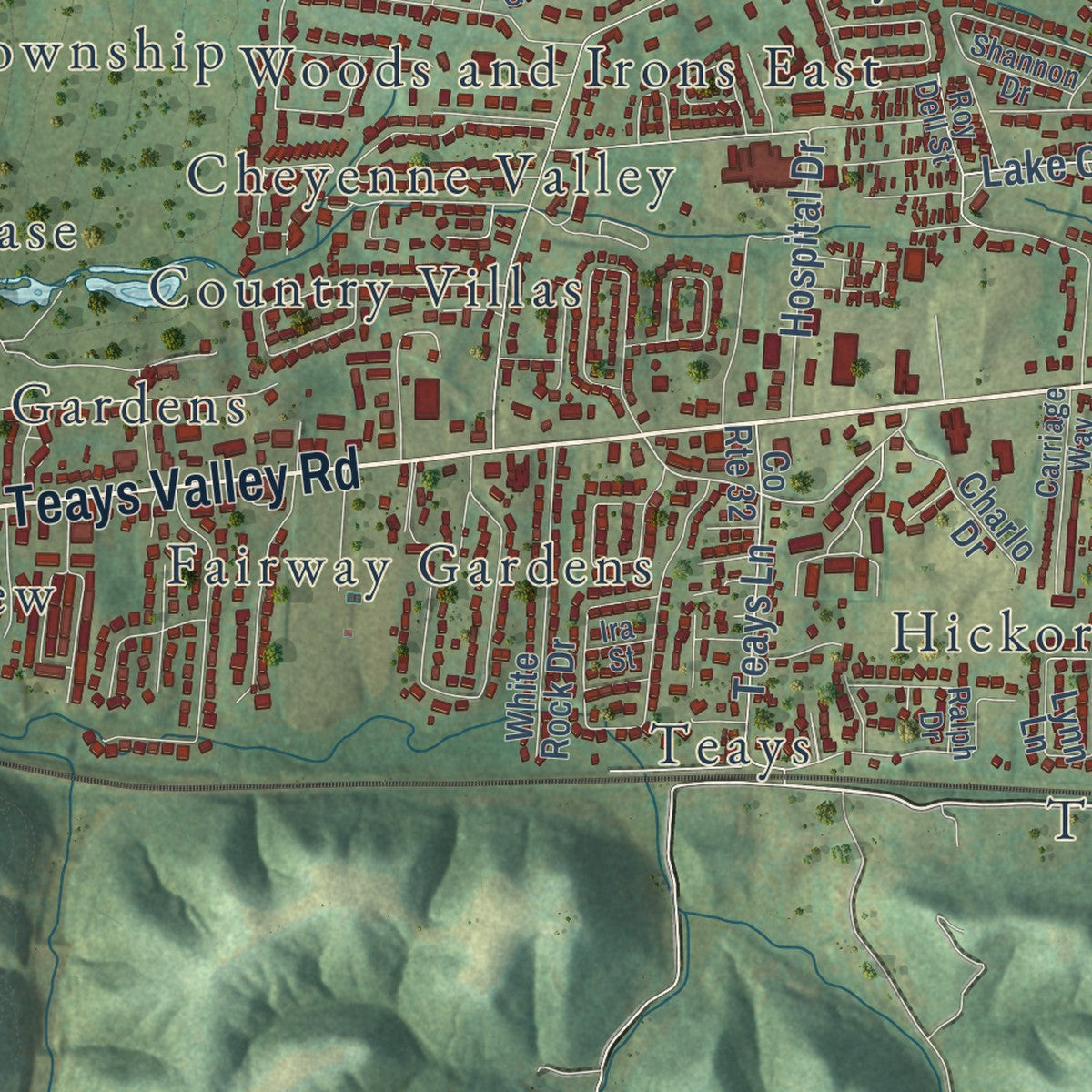 Close-up of the map of Teays Valley, West Virginia print showing street and building detail