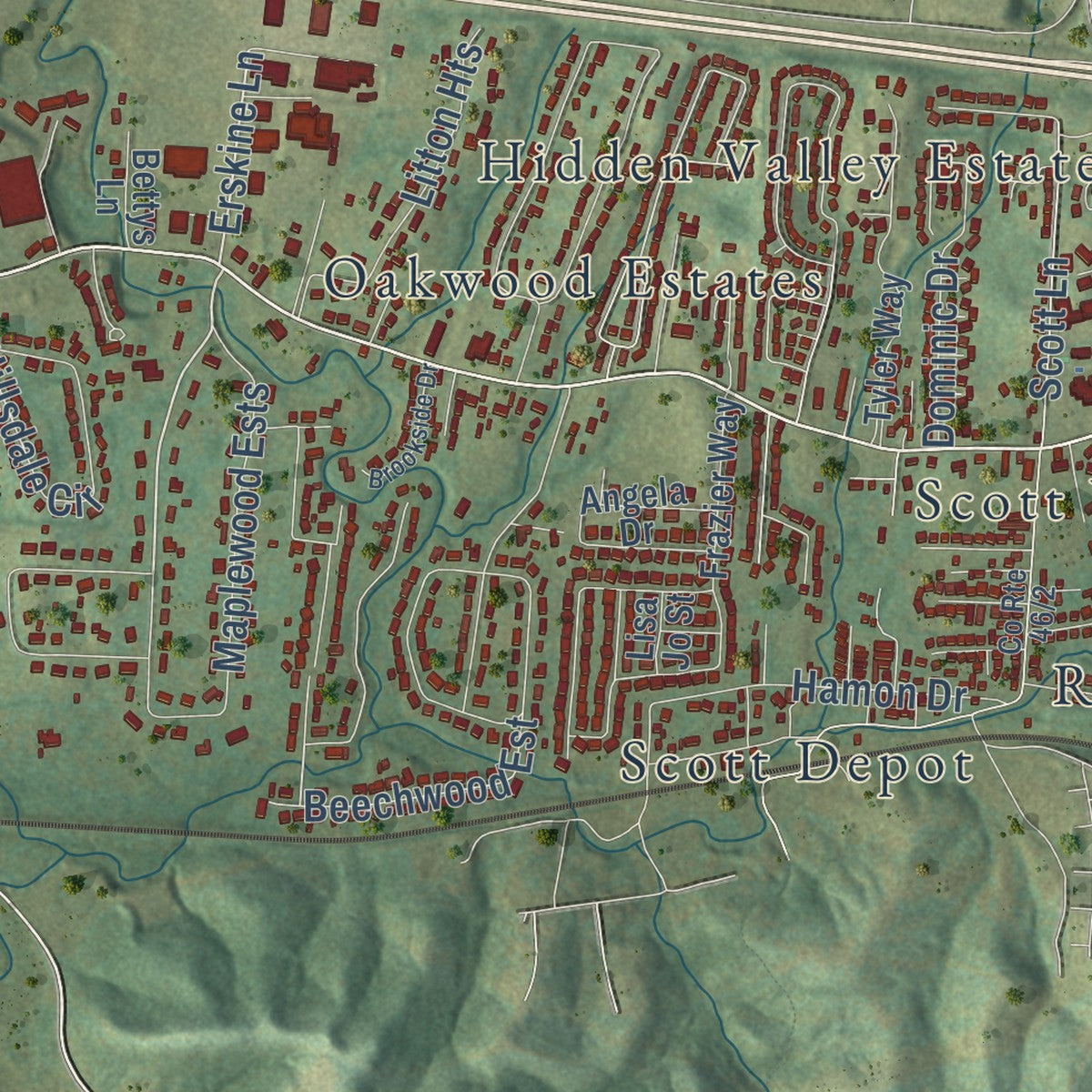 Second close-up of the map of Teays Valley, West Virginia print showing more streets and buildings