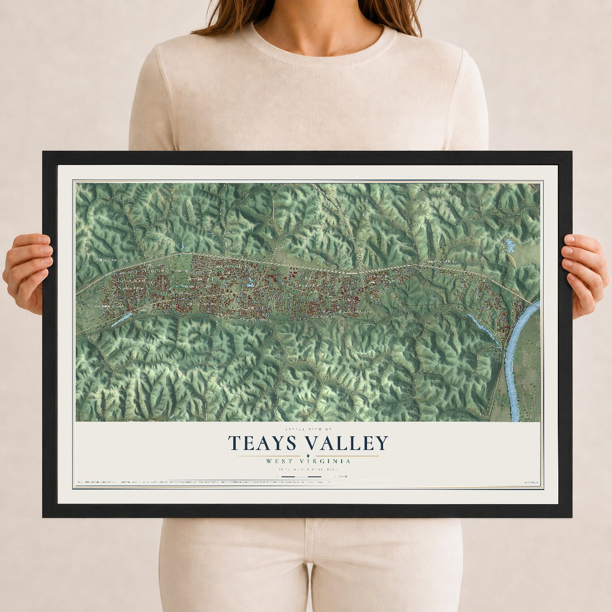 Map of Teays Valley, West Virginia, 12 x 18 inch print in a black wood frame