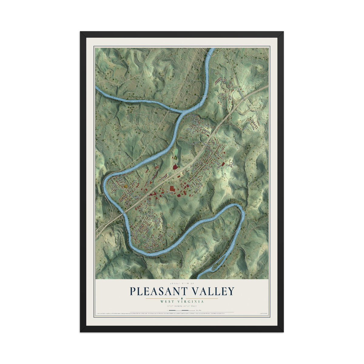 Map of Pleasant Valley, West Virginia, 12 x 18 inch print in a black wood frame