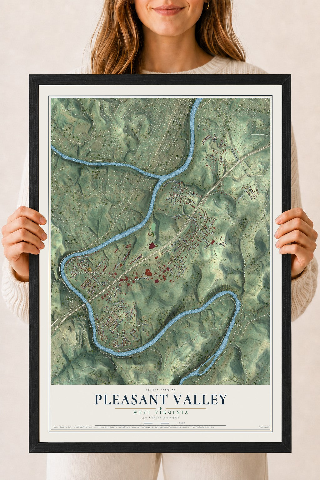 Map of Pleasant Valley, West Virginia, 18 x 24 inch print in a black wood frame