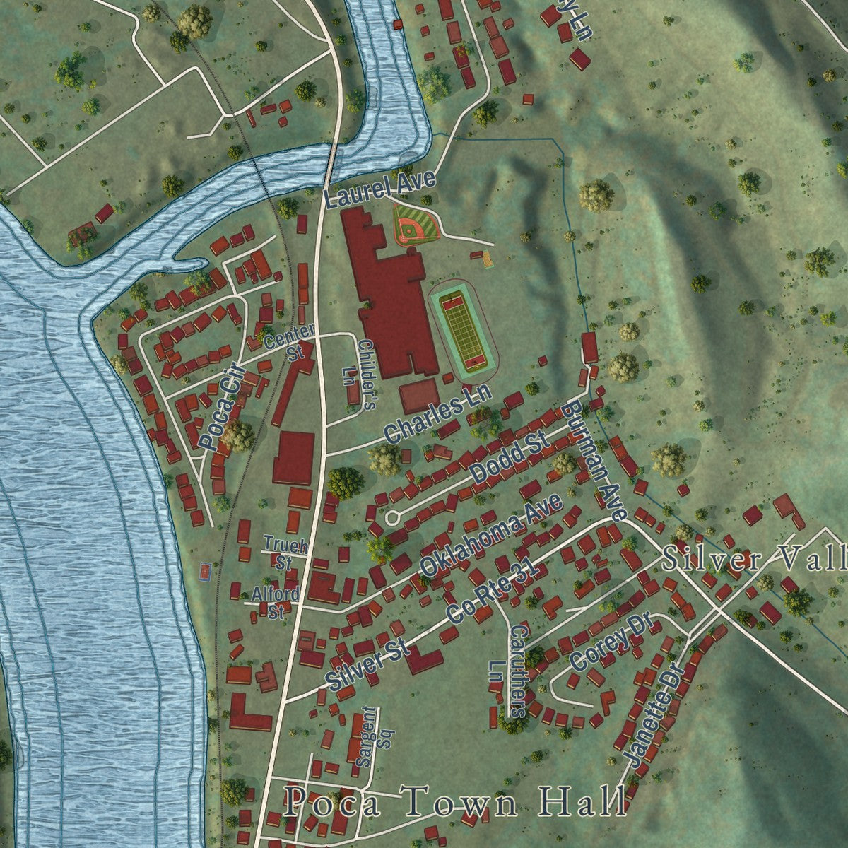 Close-up of the map of Poca, West Virginia print showing street and building detail