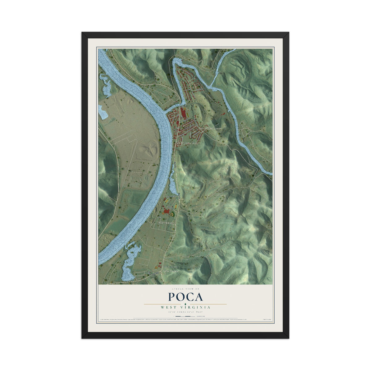 Map of Poca, West Virginia, 12 x 18 inch print in a black wood frame