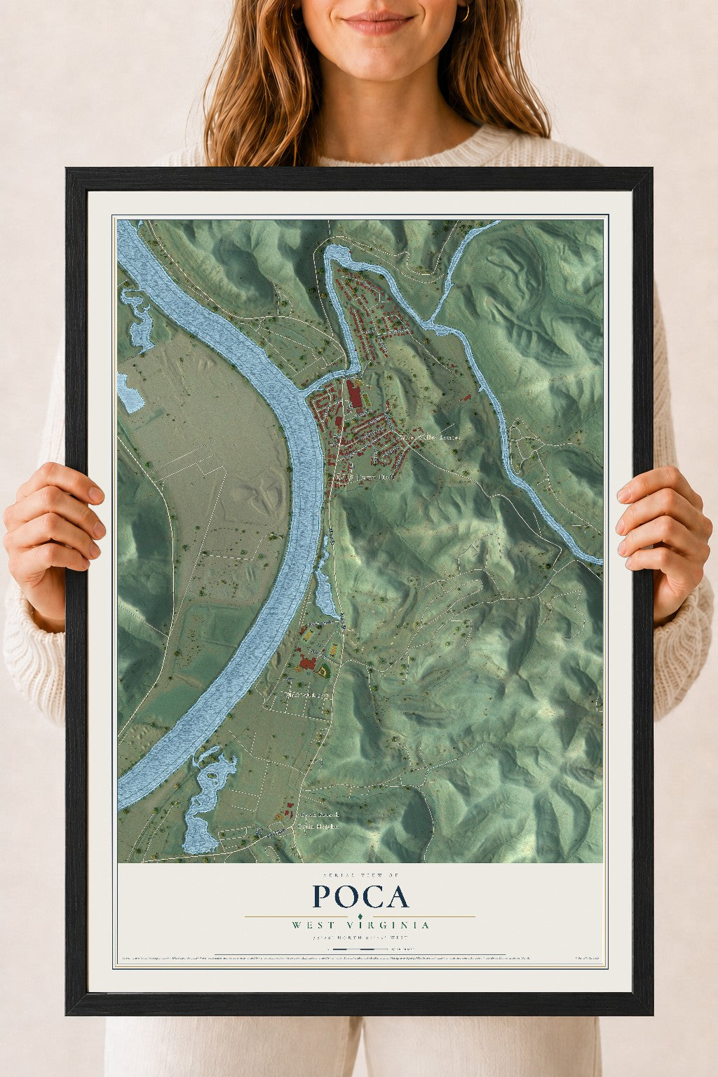 Map of Poca, West Virginia, 18 x 24 inch print in a black wood frame