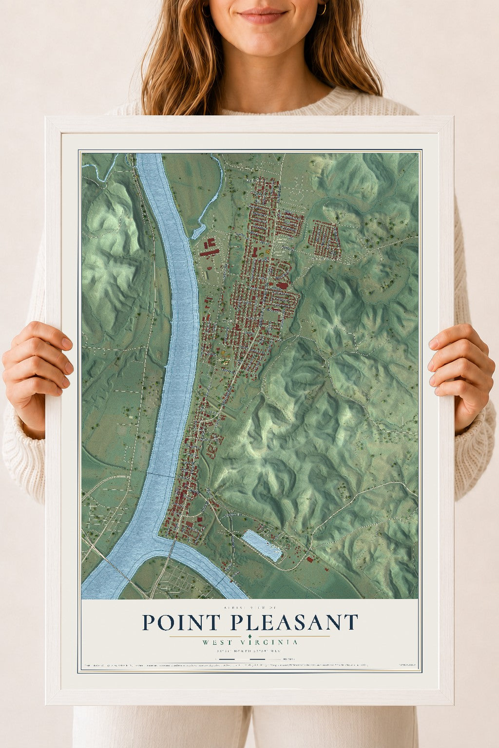 Map of Point Pleasant, West Virginia, 18 x 24 inch print in a white wood frame