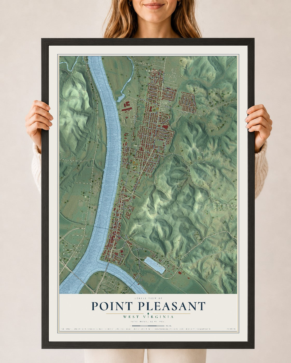 Map of Point Pleasant, West Virginia, 24 x 36 inch print in a black wood frame