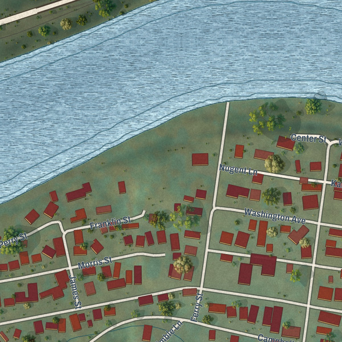 Close-up of the map of Pratt, West Virginia print showing street and building detail