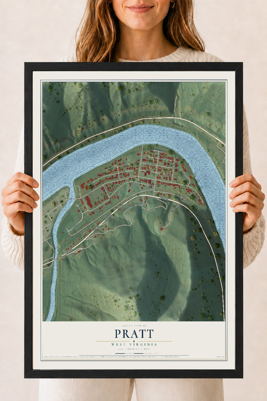 Map of Pratt, West Virginia, 18 x 24 inch print in a black wood frame