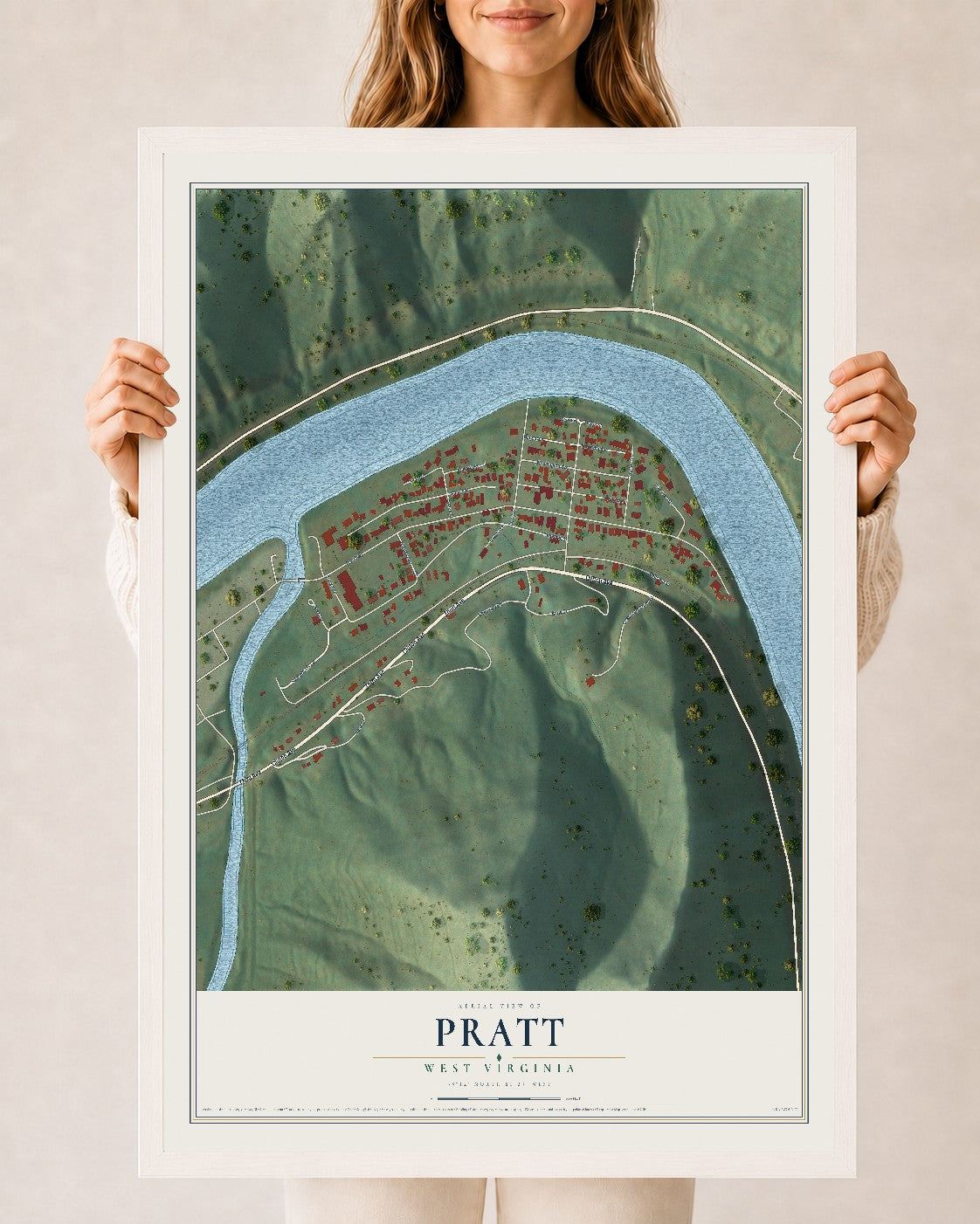 Map of Pratt, West Virginia, 24 x 36 inch print in a white wood frame