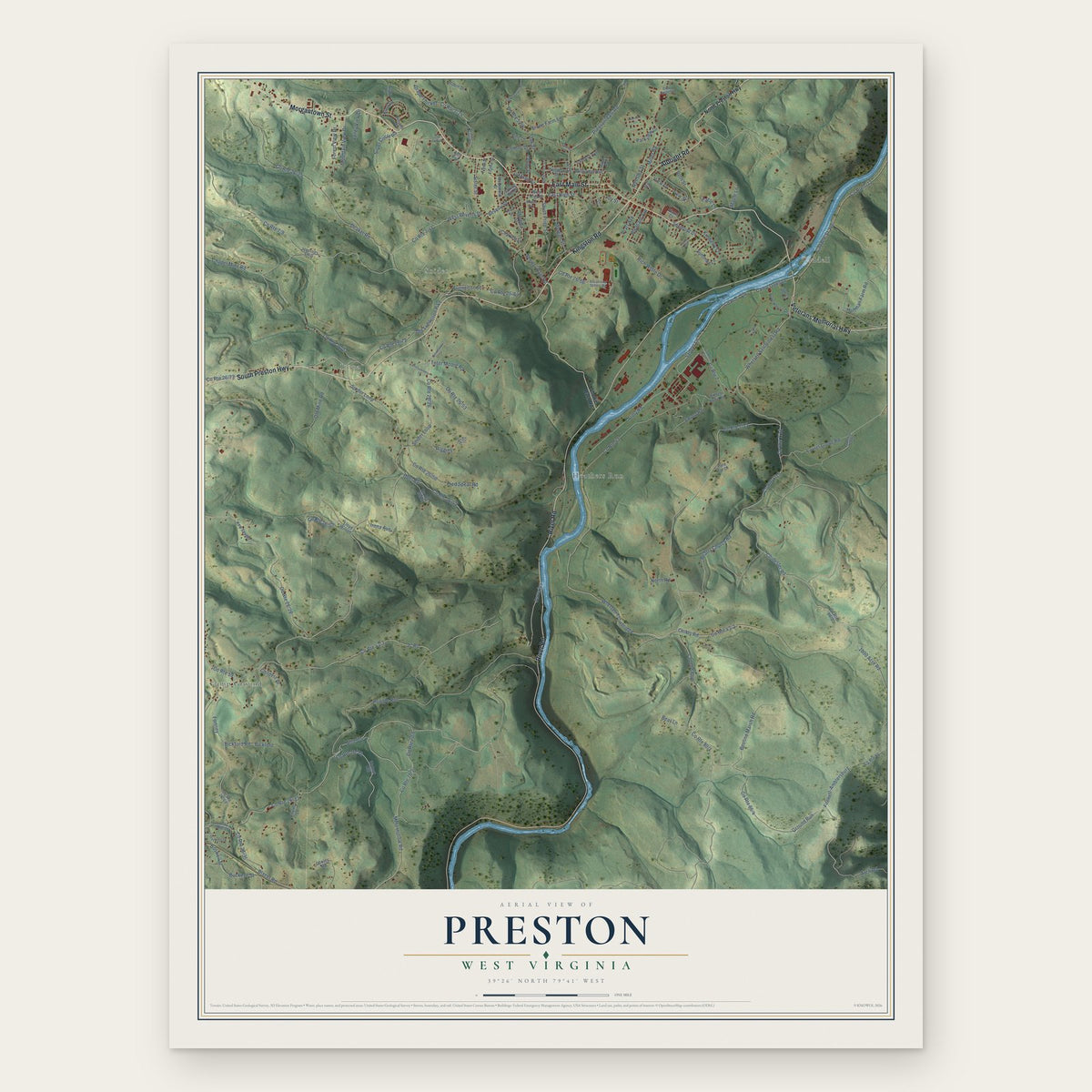 Preston, West Virginia map print, the full design